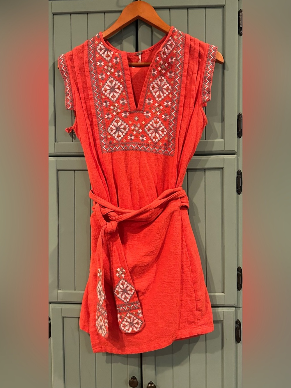 Free People “Running Wild“ Embroidered Coral Wrap Dress